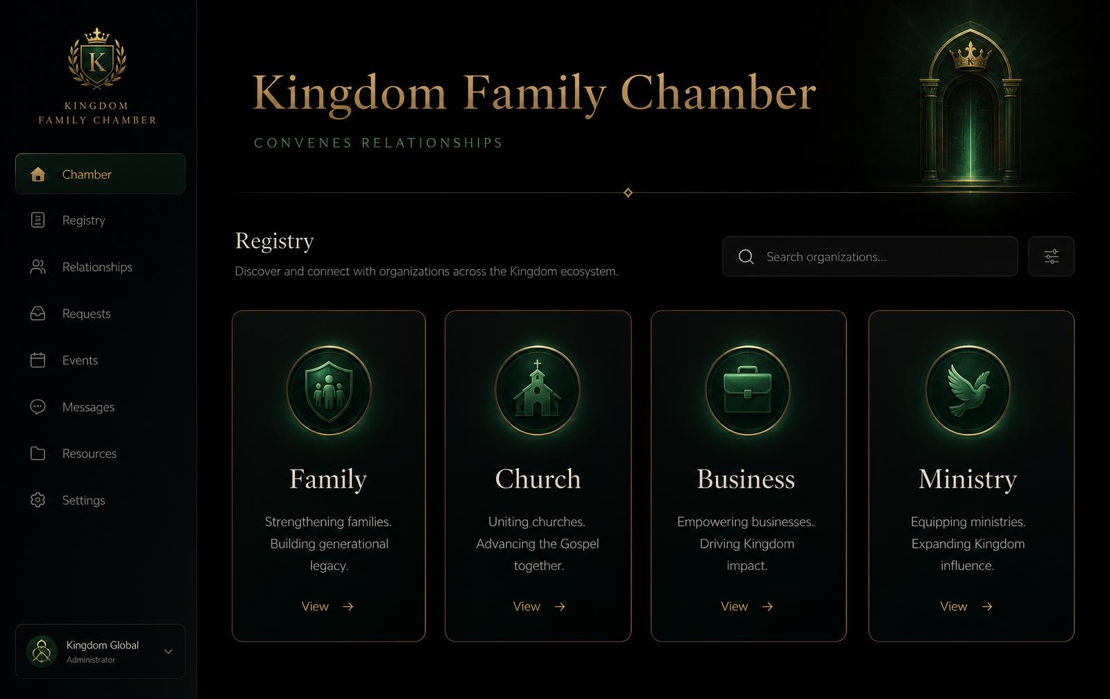 Kingdom Family Chamber registry with Family, Church, Business and Ministry cards