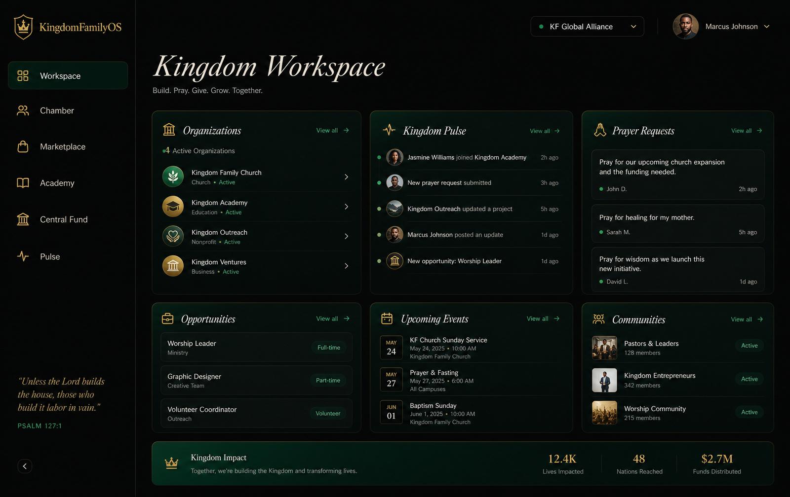 Kingdom Workspace dashboard preview showing organizations, Kingdom Pulse, prayer requests, opportunities and events