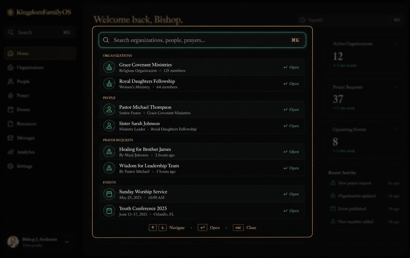 Universal command palette searching organizations, people, prayer requests and events
